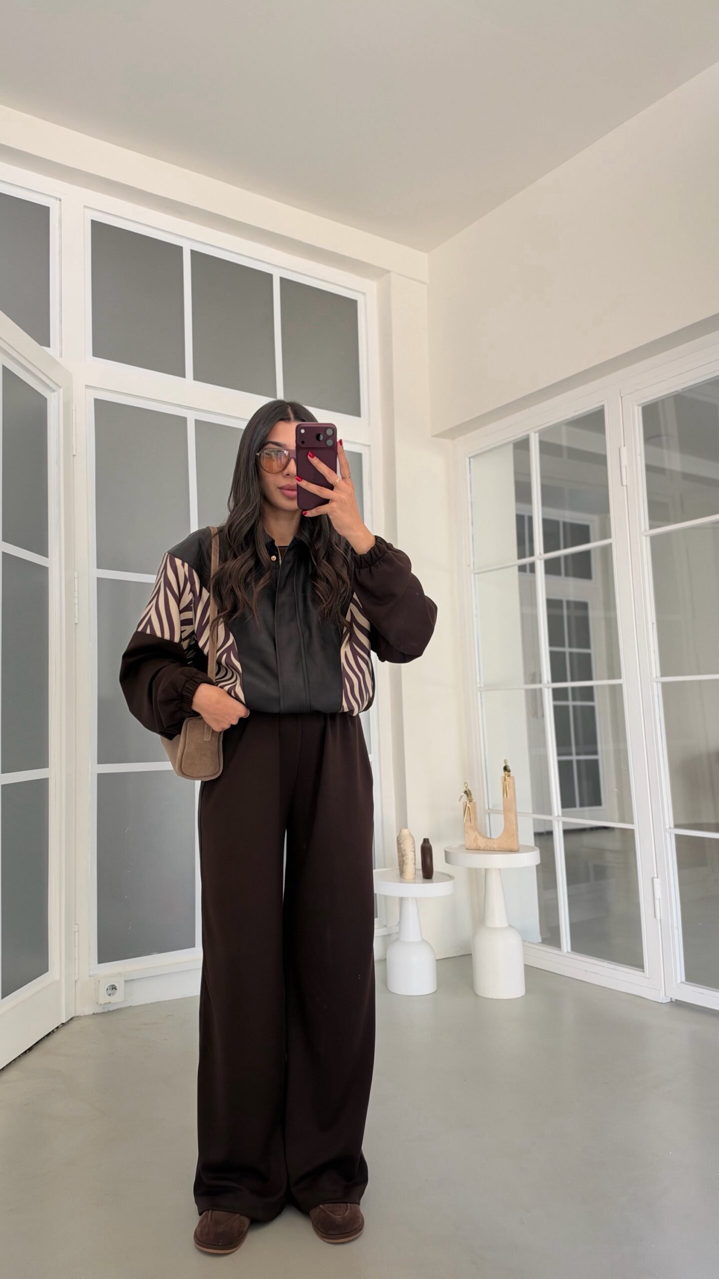 Premium Set: Dark Coffee-Colored Zebra-Print Lined Jacket and Modal Fabric Trousers with an Elasticized Waist - Image 3