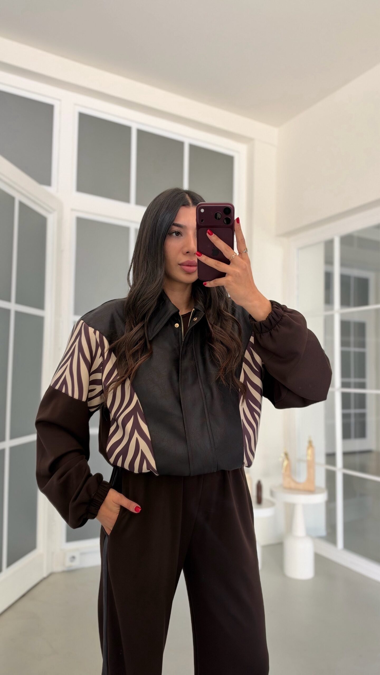 Premium Set: Dark Coffee-Colored Zebra-Print Lined Jacket and Modal Fabric Trousers with an Elasticized Waist - Image 4