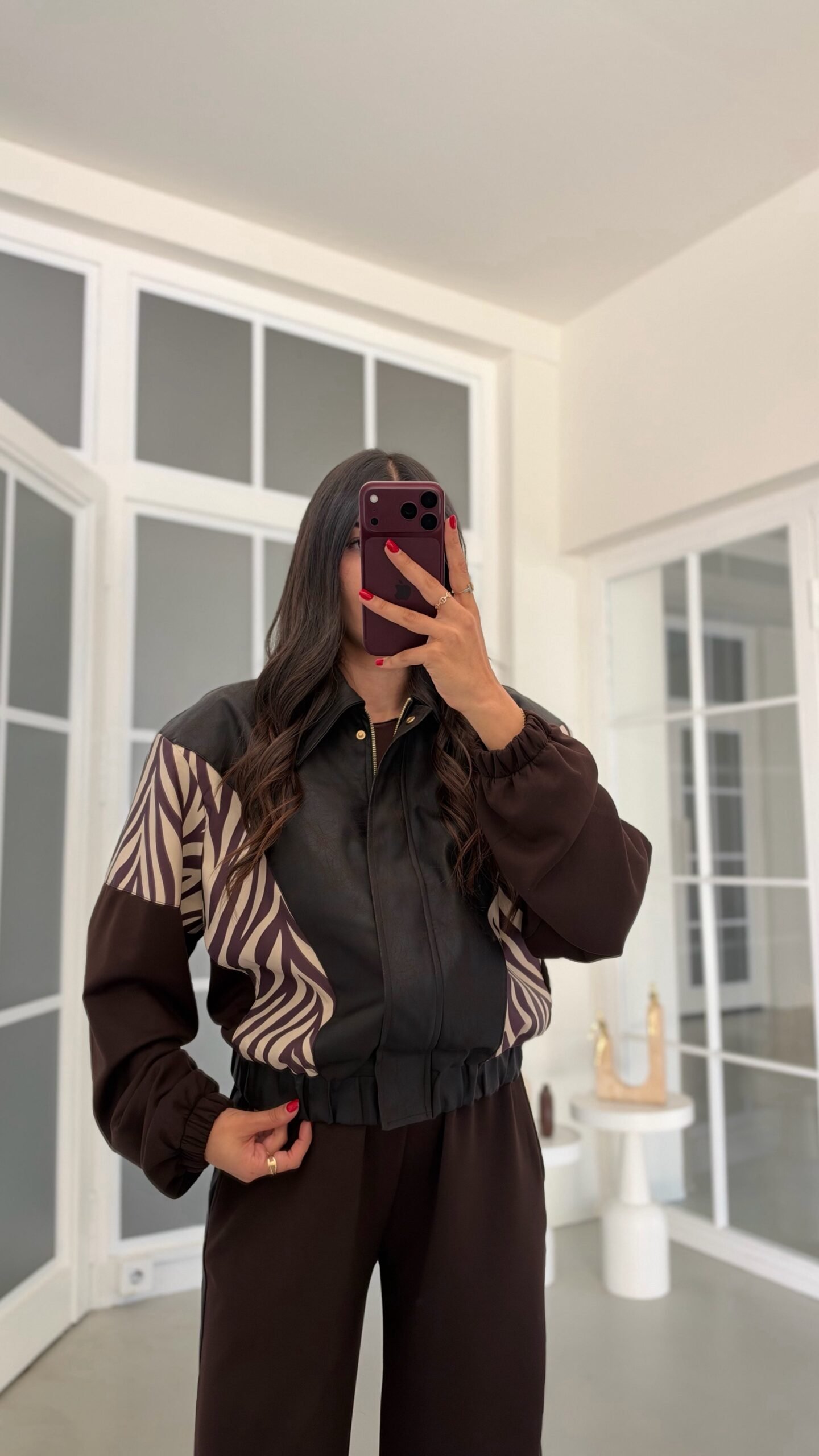 Premium Set: Dark Coffee-Colored Zebra-Print Lined Jacket and Modal Fabric Trousers with an Elasticized Waist - Image 5