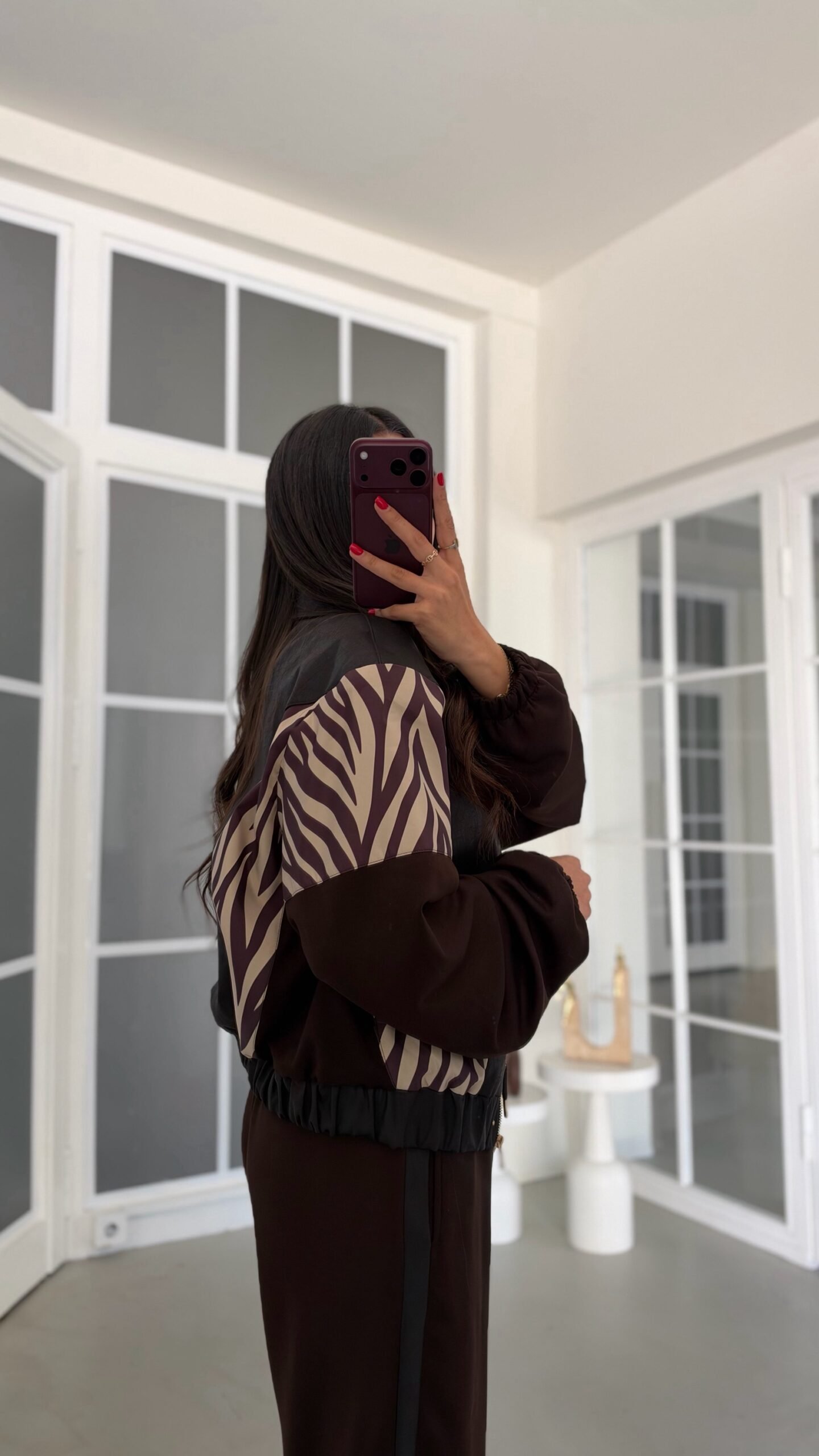 Premium Set: Dark Coffee-Colored Zebra-Print Lined Jacket and Modal Fabric Trousers with an Elasticized Waist - Image 6