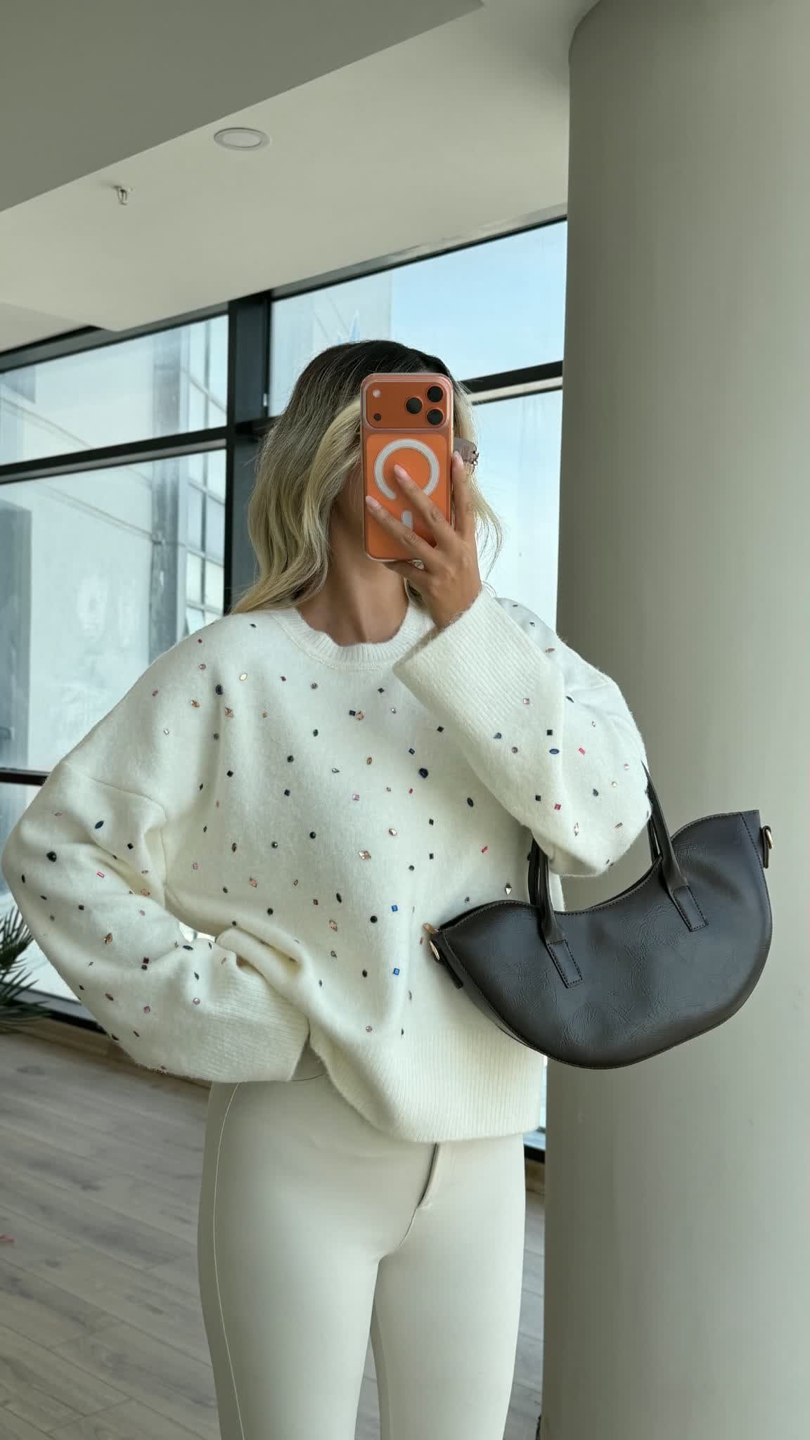 Ecru Soft Sweater with Colorful Stone Embellishments - Image 3