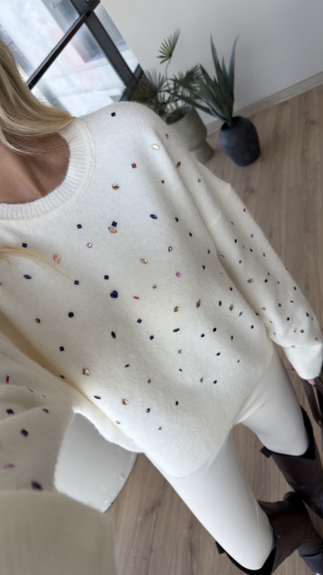 Ecru Soft Sweater with Colorful Stone Embellishments - Image 4